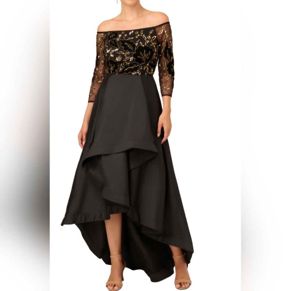 Adrianna Papell Elegant Black Gold Off-Shoulder High-low Gown 6P